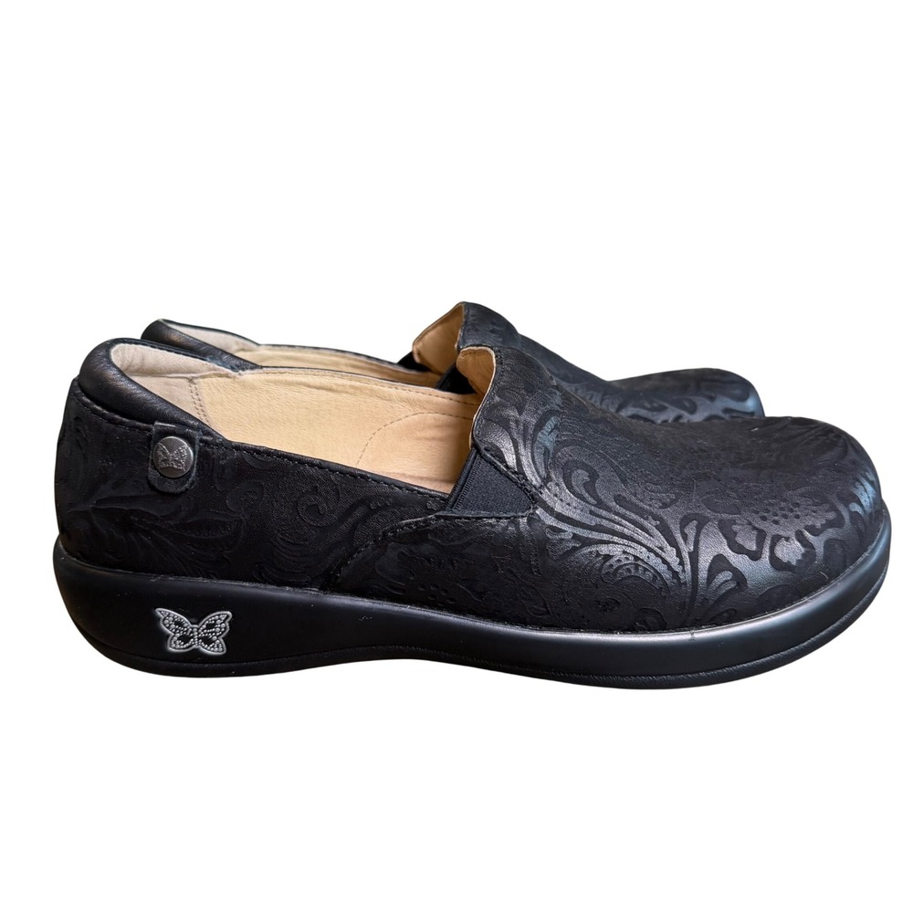 Alegria Keli Black Tooled Embossed Leather Butterfly Slip On Shoes EU 40 US 9.5